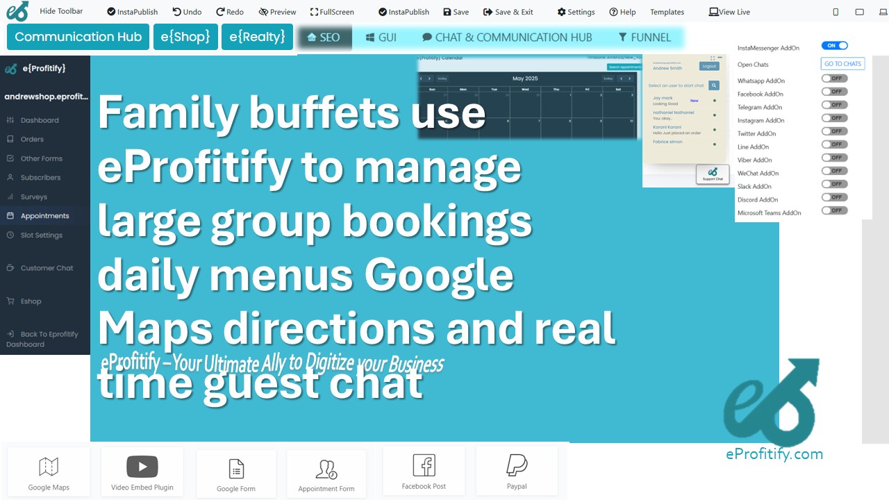 Family buffets use eProfitify to manage large group bookings daily menus Google Maps directions and real time guest chat